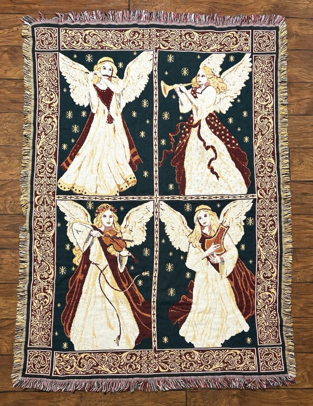 Vintage Christmas Angels Throw Blanket Tapestry 68x49” Instruments Band Clean